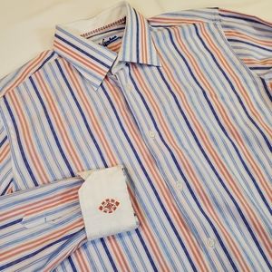 Robert Graham Long Sleeve Button Front Blue Pink Striped Shirt‎ Size L 42 16-1/2
